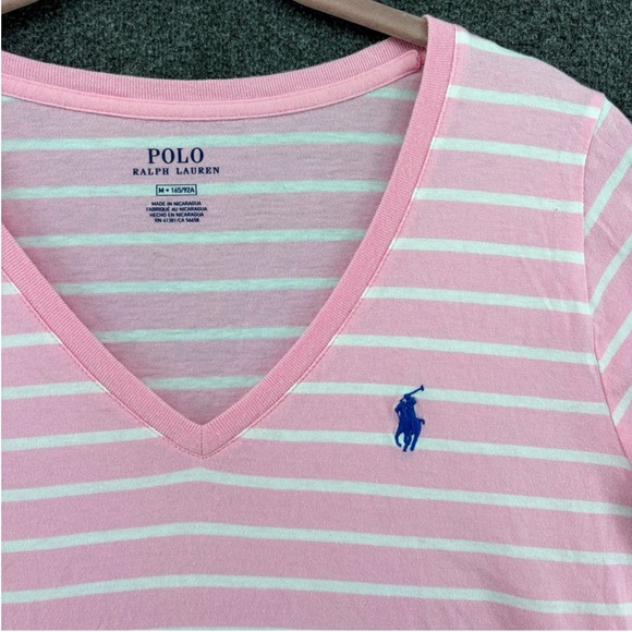 Ralph Lauren Women Pink Stripe V Neck Short Sleeve T Shirt Polo Pony Logo Med - Picture 3 of 5